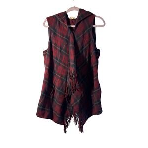 Lolt Plaid Hooded Sleeveless Vest Cardigan Fringe Women's Size L